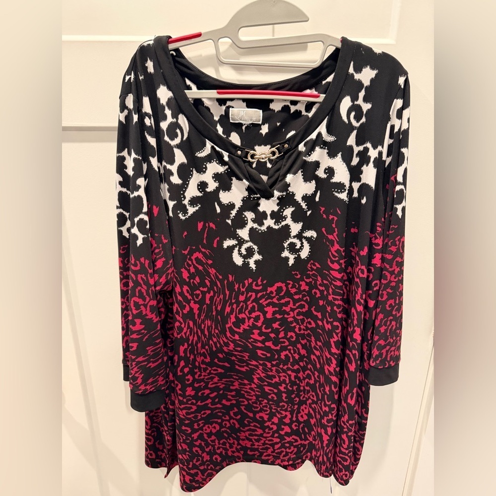 JM Collection Tunic Top 3/4 Sleeve Black Pink Animal Print Chain Neckline 1X